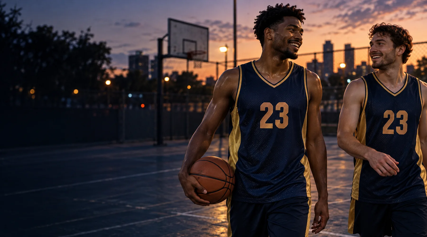 People wearing basketball jerseys in an original Jerseyheaven apparel photograph