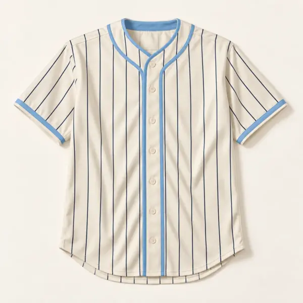 Main mockup of a cream baseball jersey in the Cloud Nine Pinstripe design