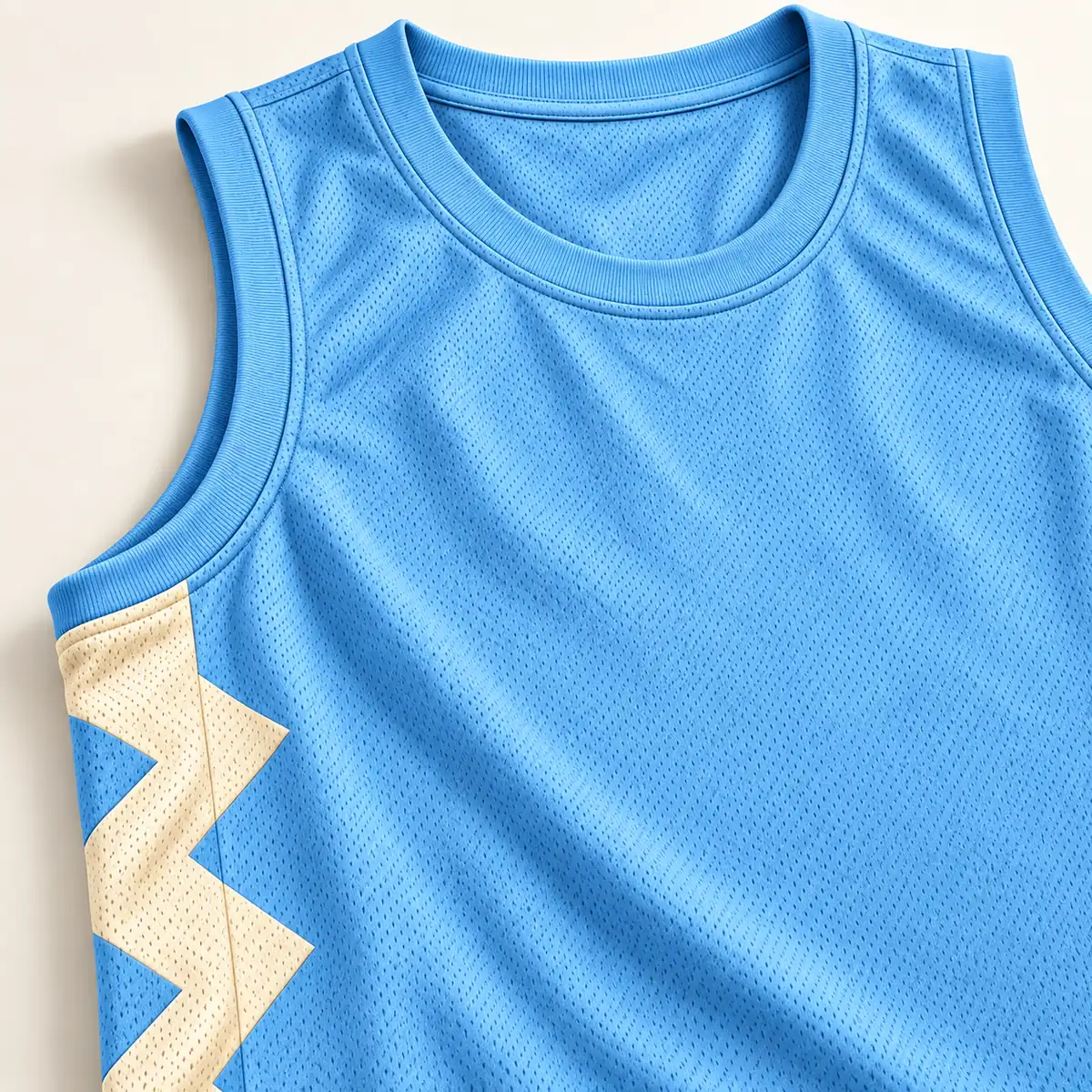 Detail mockup of a sky blue basketball jersey in the Skybound Layup design