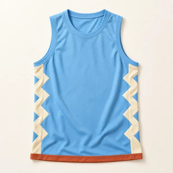 Main mockup of a sky blue basketball jersey in the Skybound Layup design