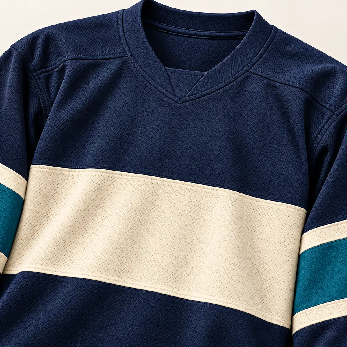 Detail mockup of a navy hockey jersey in the Harbor Ice design