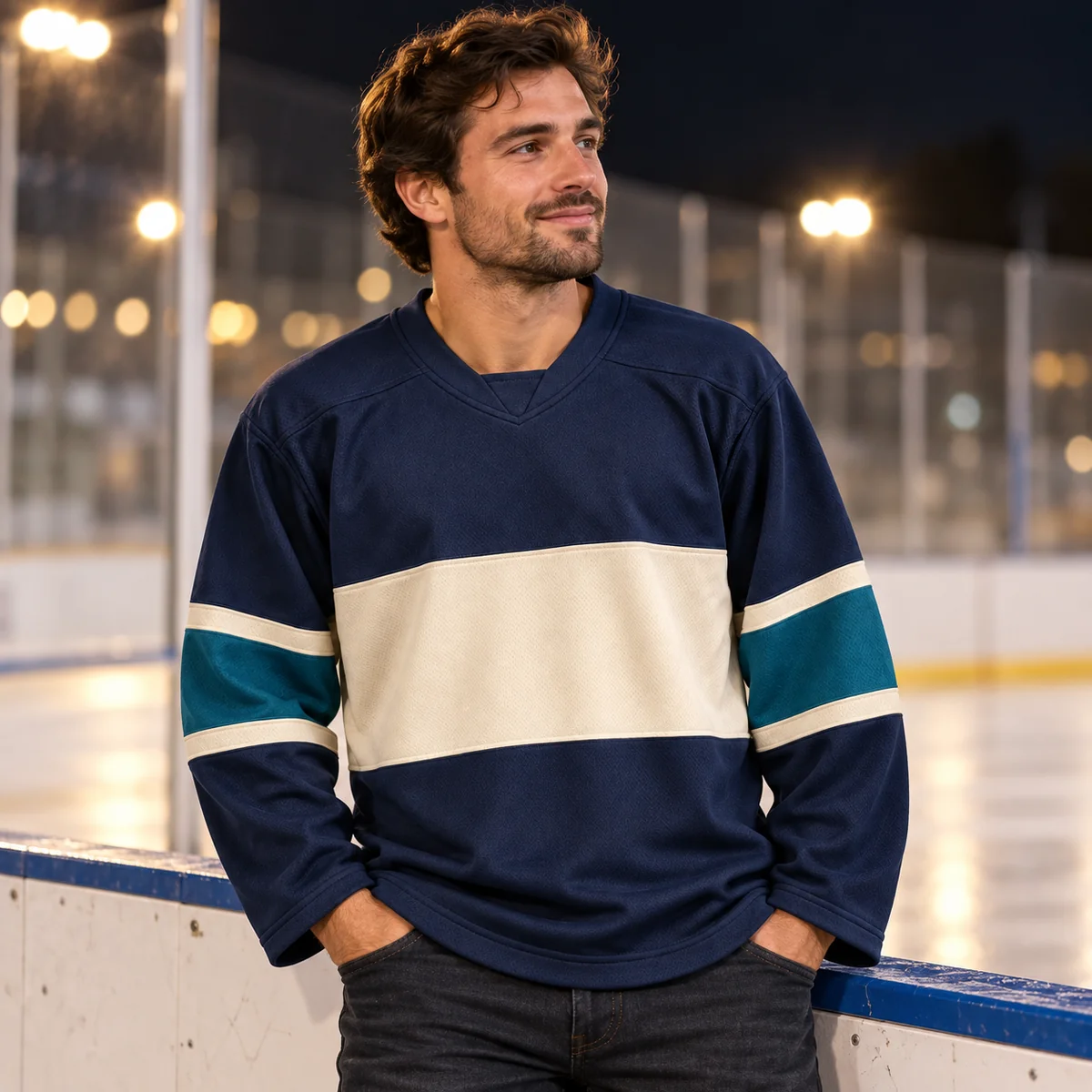 Lifestyle mockup of a navy hockey jersey in the Harbor Ice design