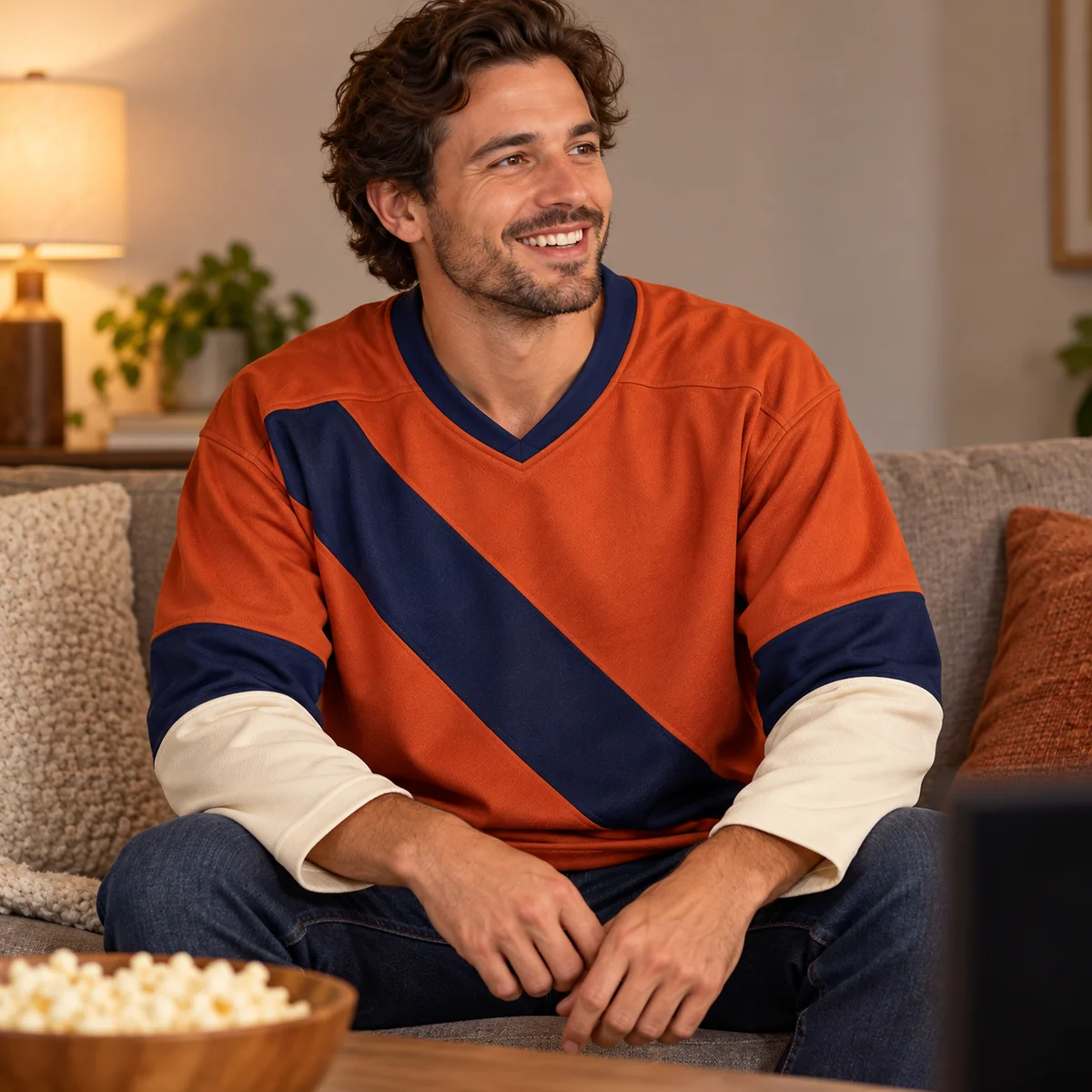 Lifestyle mockup of a terracotta hockey jersey in the Copper Rink design