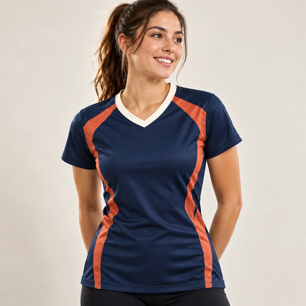 Lifestyle mockup of a navy volleyball jersey in the Harbor Volley design