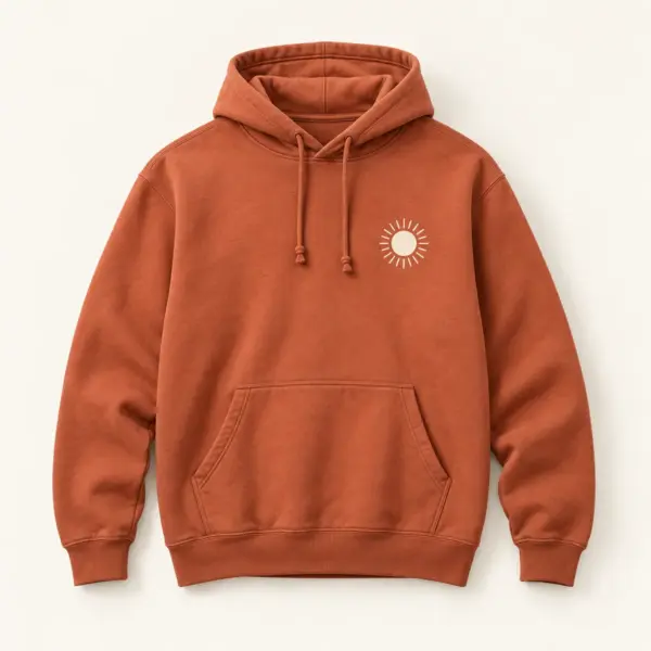 Main mockup of a terracotta pullover hoodie in the Copper Weekend design