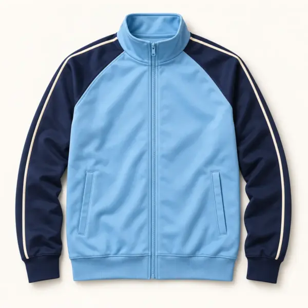 Main mockup of a sky blue zip front track jacket in the Cloudline Warmup design