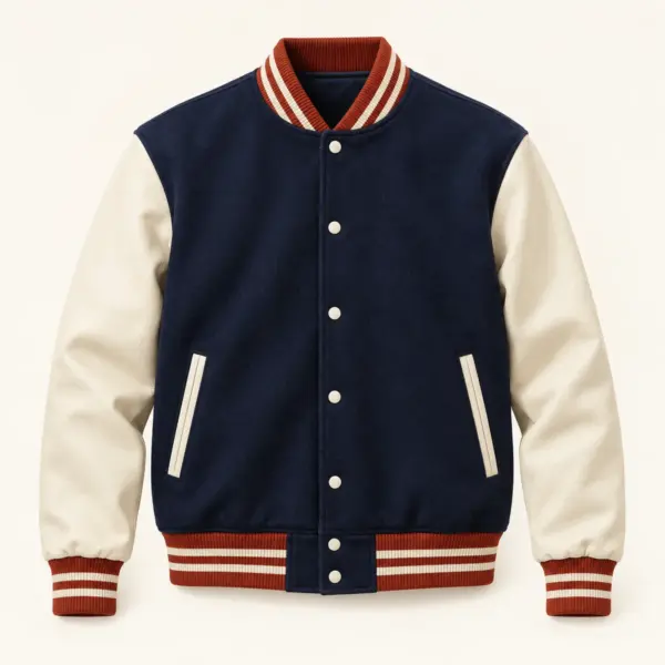 Main mockup of a navy varsity style jacket in the Harbor Clubhouse design
