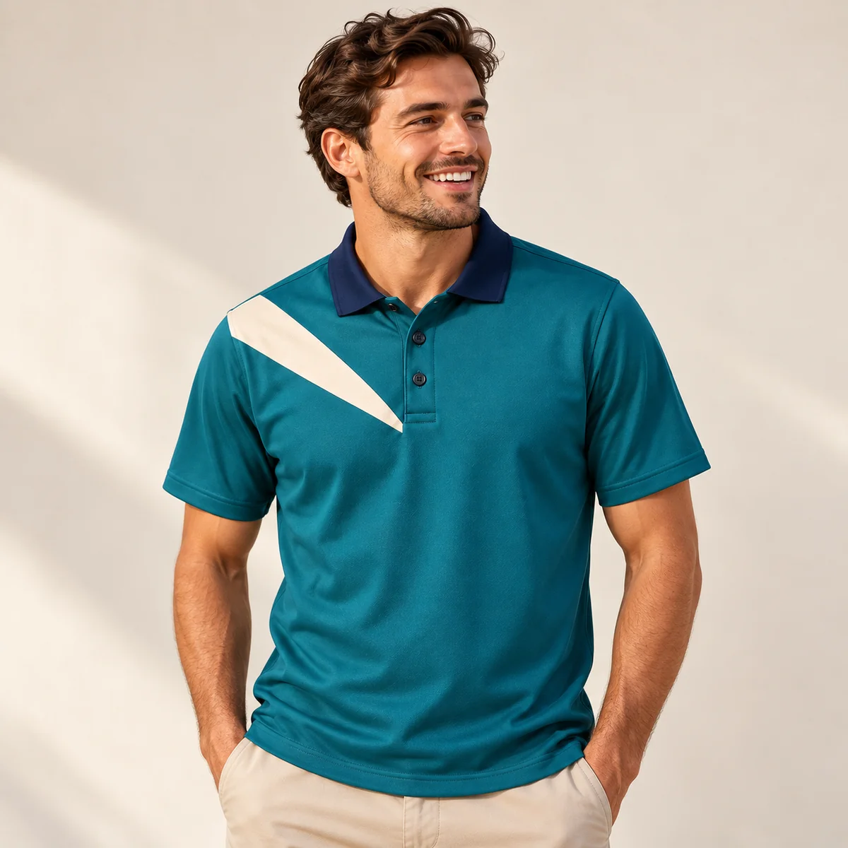 Lifestyle mockup of a teal short sleeve polo in the Ocean Matchday design