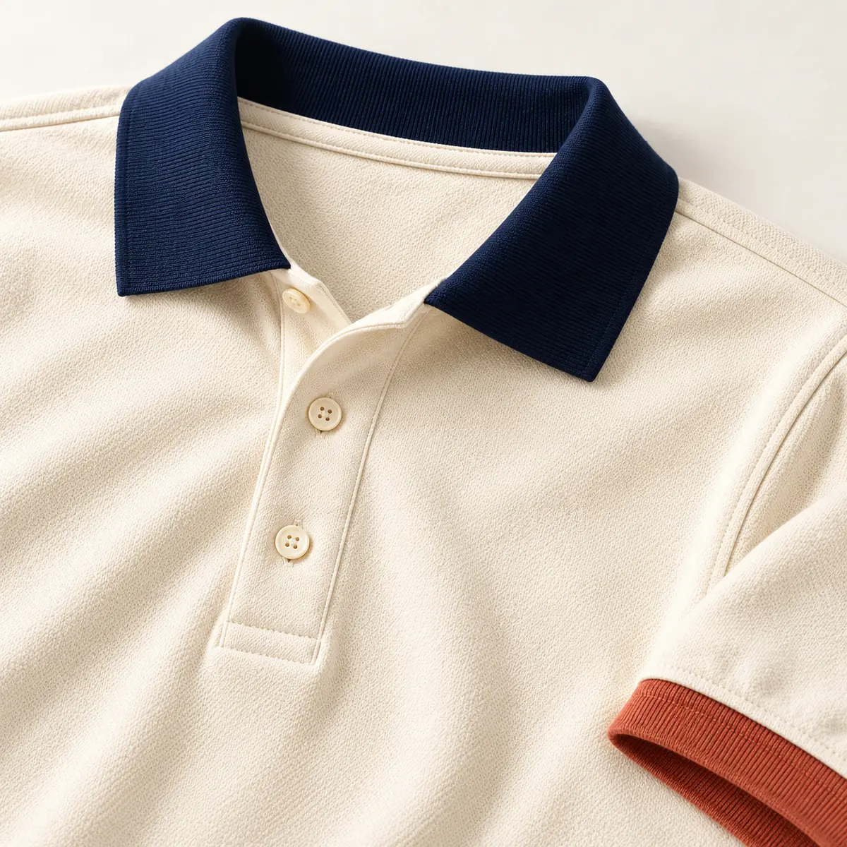 Detail mockup of a cream short sleeve polo in the Sandstone Sideline design