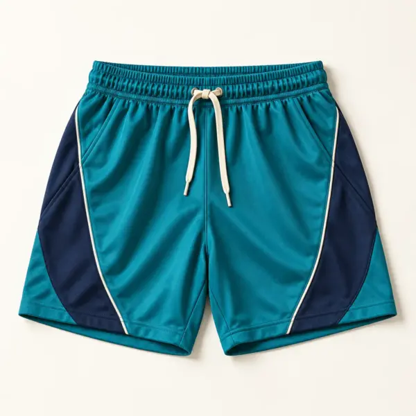 Main mockup of a teal sports style shorts in the Tidal Weekend design