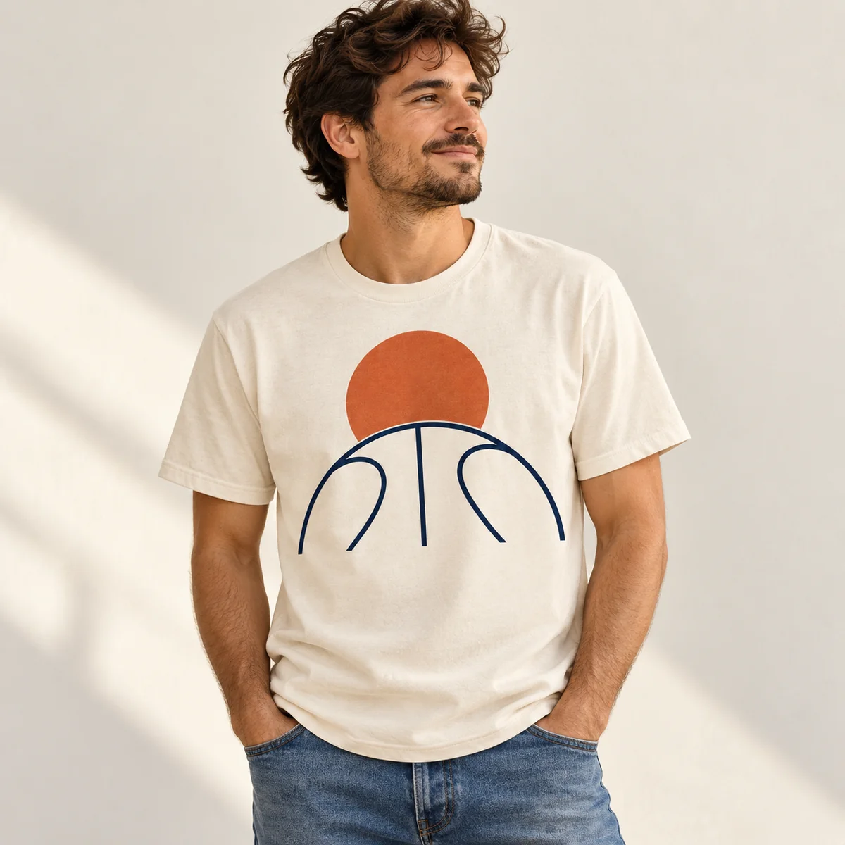 Lifestyle mockup of a cream crew neck T-shirt in the Game Circle design